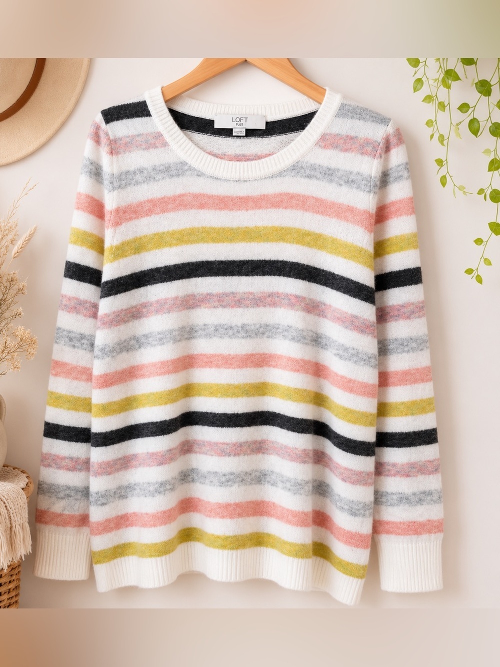LOFT Pink and Yellow Crew Neck Sweater with Stripes